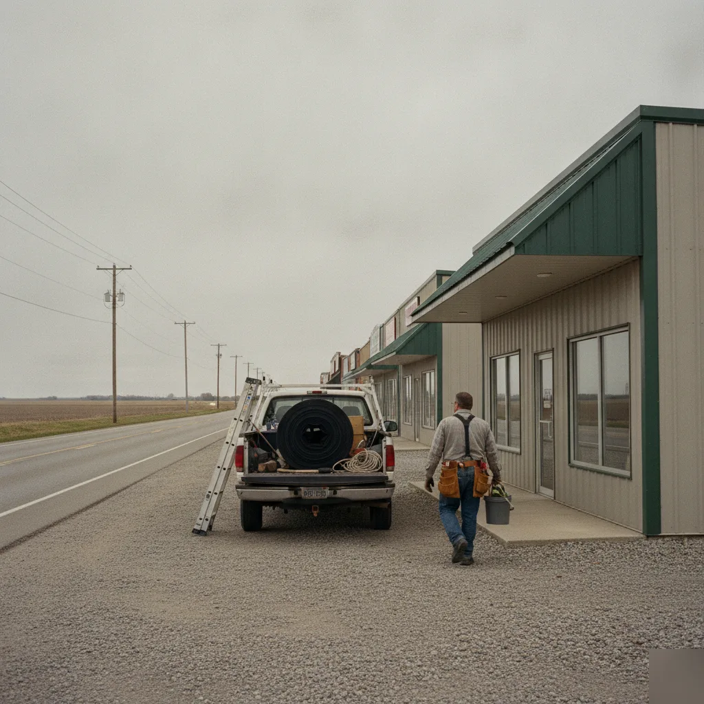 Roofing service truck on a commercial strip in the Glenville Corridor near Mason City Iowa