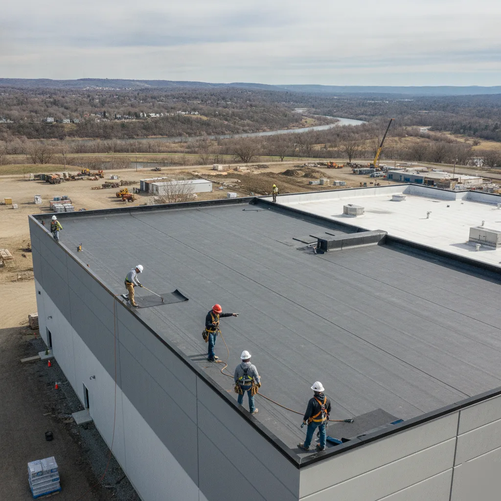 Roof coating application on a low-slope commercial roof in the North Mason City rural corridor