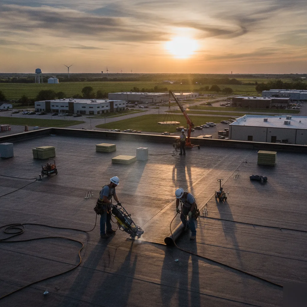Commercial roofer working on a low-slope building in the Southwest Mason City area