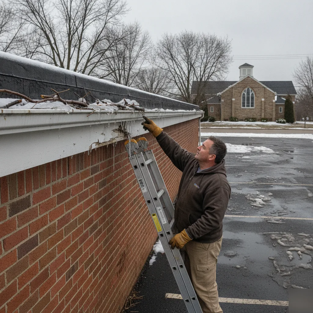Gutter inspection on a commercial building near Deer Creek Valley Church in Mason City