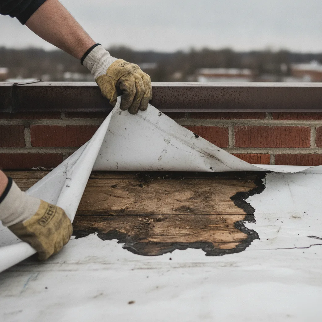 Closeup of ice dam roof damage on a commercial building near Deer Creek Valley Church in Mason City