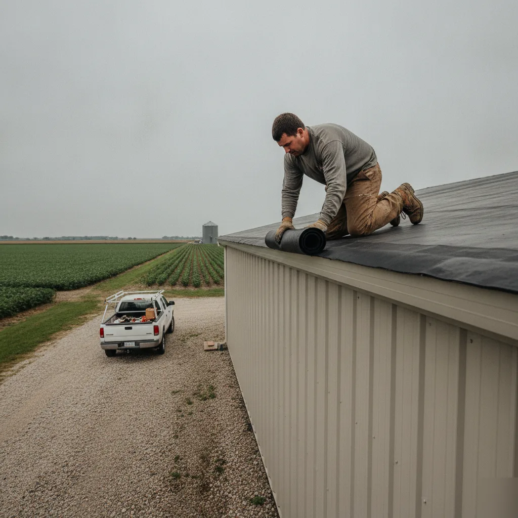 Flat roof repair on a metal pole building in the SW Rural Business District of Mason City Iowa