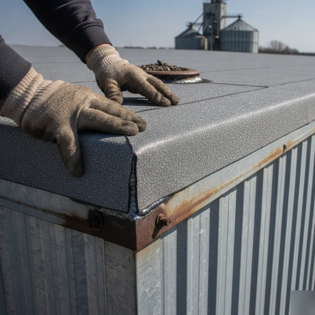 Roof membrane seam detail on a metal building in Mason City Iowa