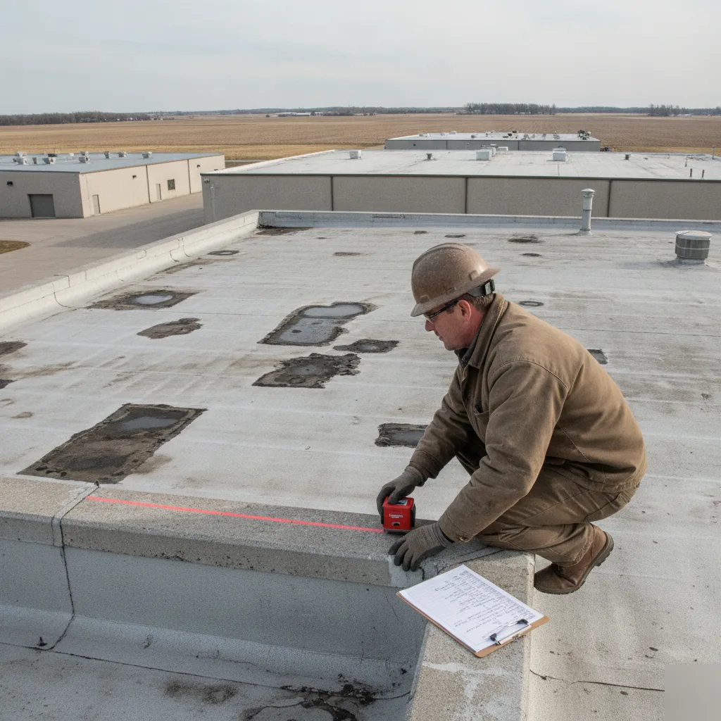 Aging commercial structure roof degradation assessment near Mason City and Glenville