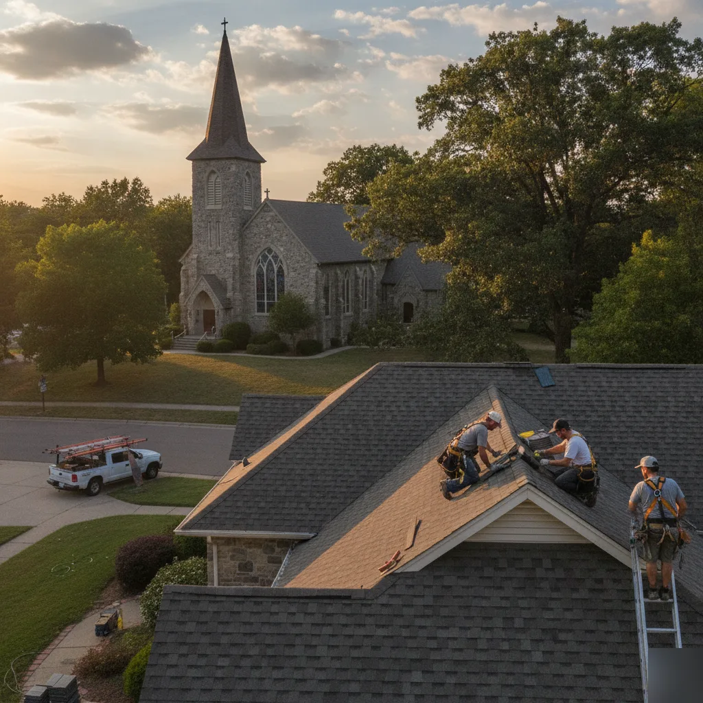 Hail and ponding damage repair on a low-slope roof near Deer Creek Valley Church in Mason City
