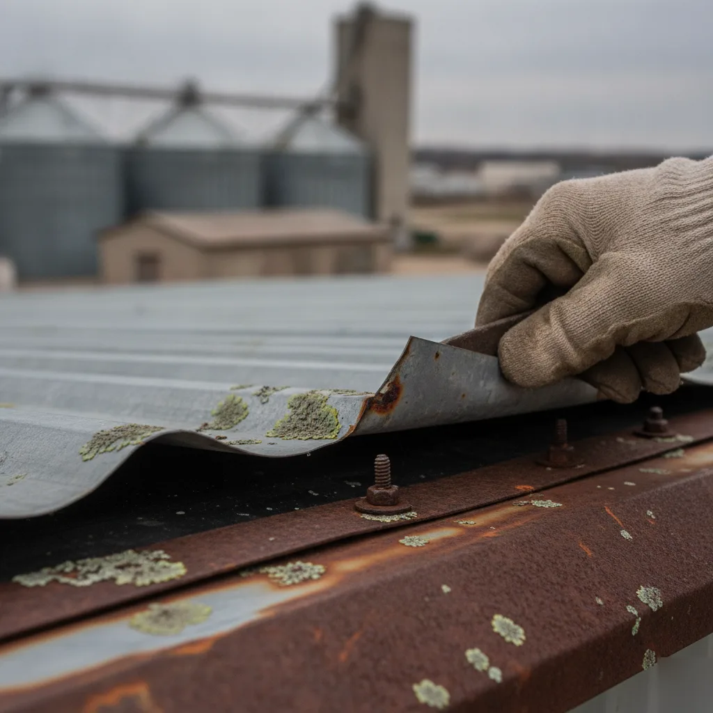 Roof inspection detail on a Mason City storage building with metal panels