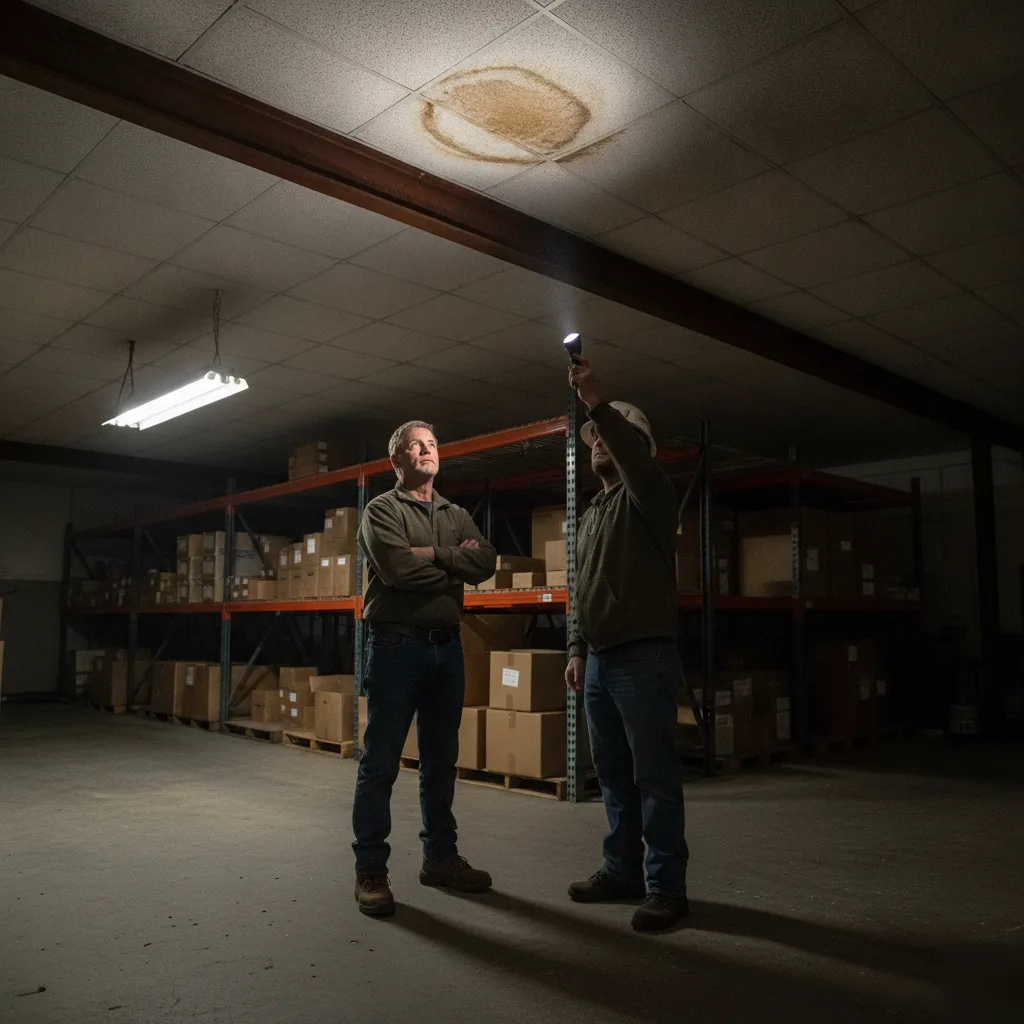 Leaking ceiling inspection inside a rural Mason City commercial warehouse