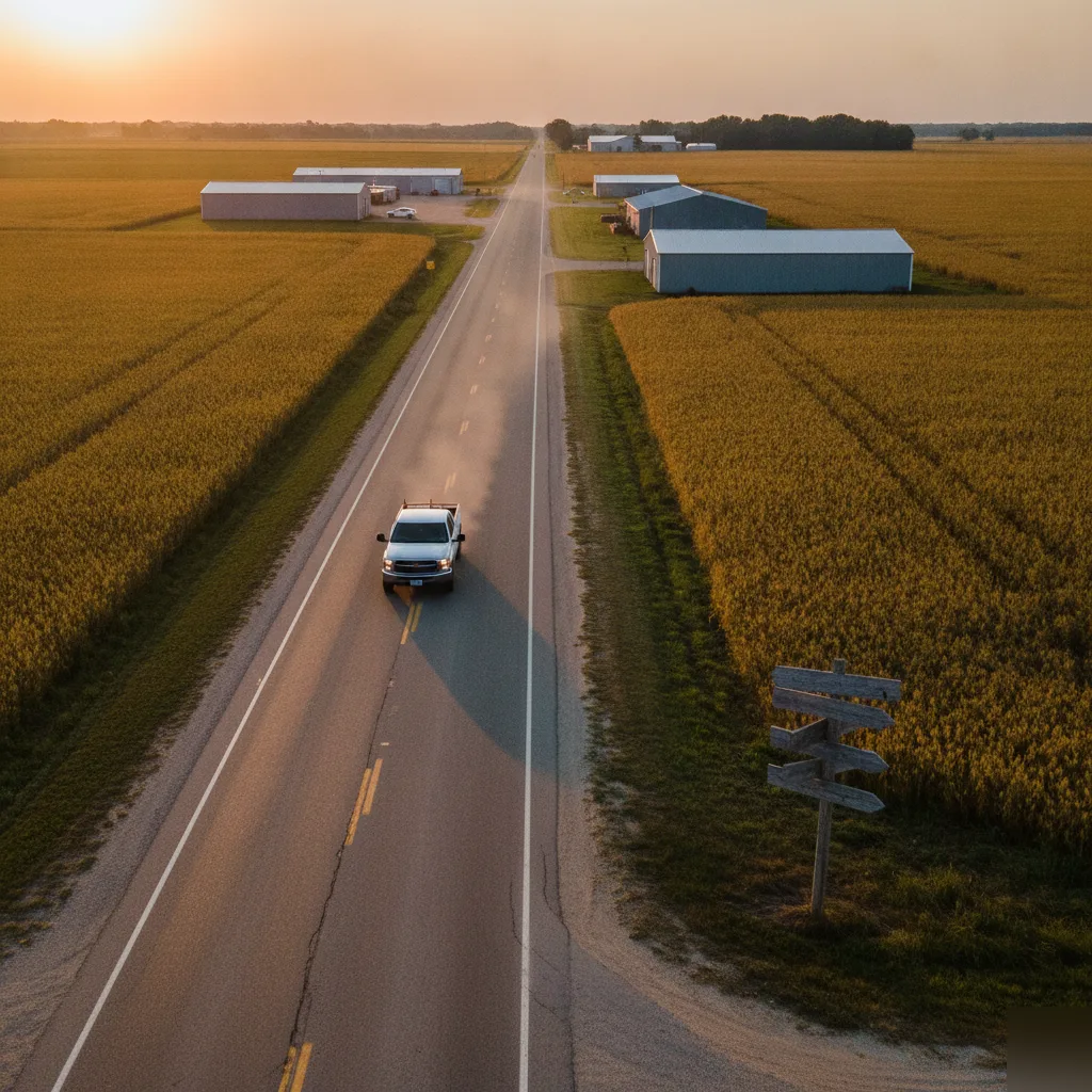 Roofing contractor truck on the North Mason City Rural Corridor at golden hour