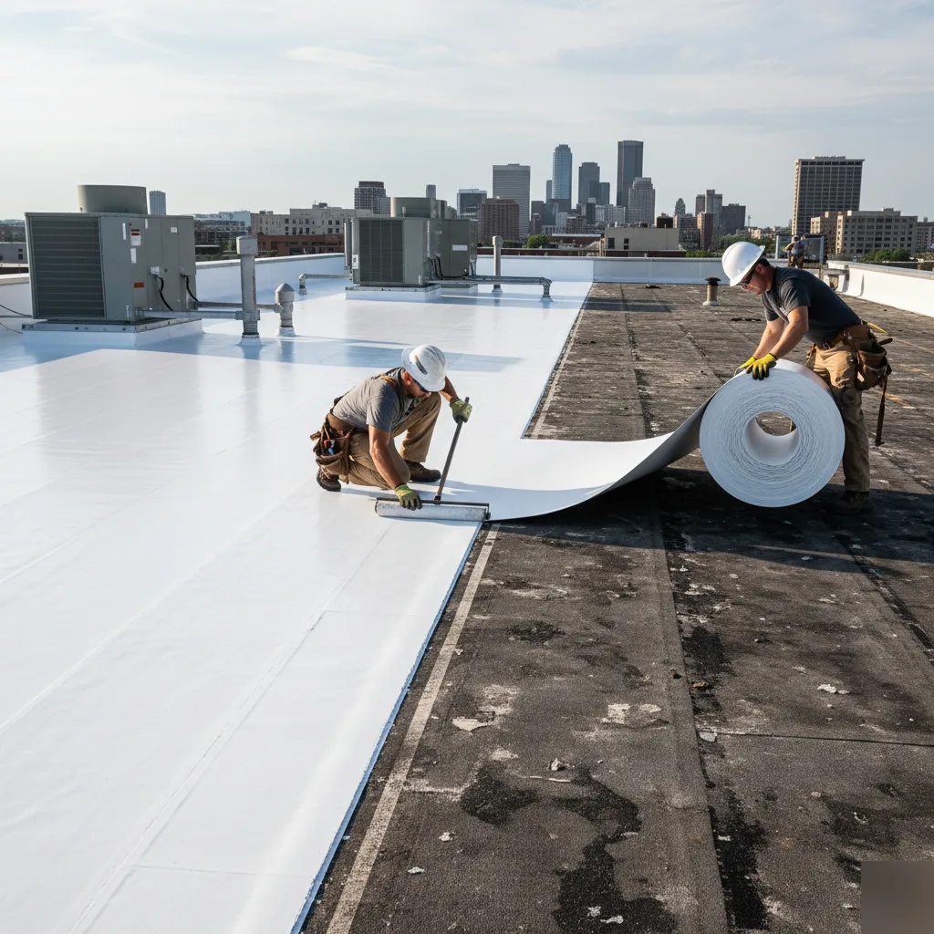 TPO commercial roof installation in progress on a Mason City Iowa building