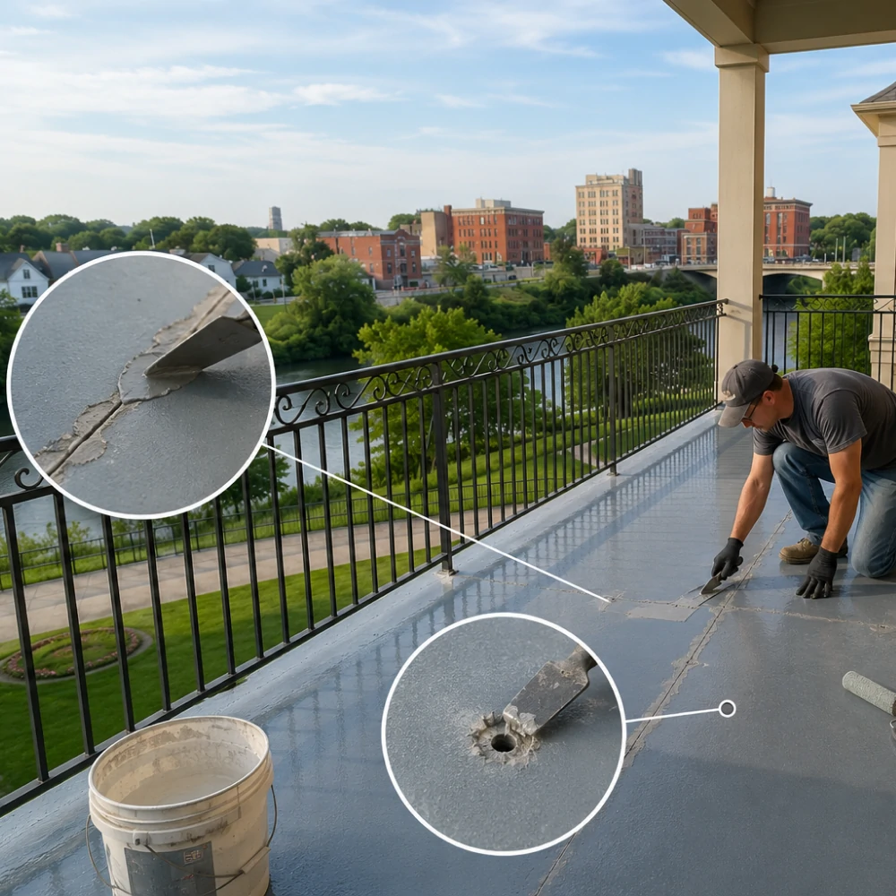 Railing post flashing detail during balcony waterproofing in Mason City Iowa