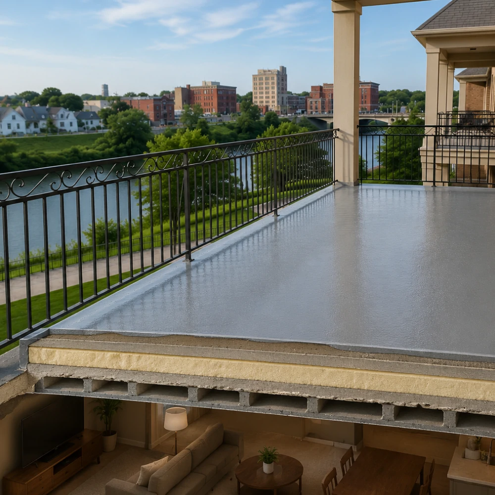 Wearing surface applied over waterproofing membrane on Mason City Iowa balcony