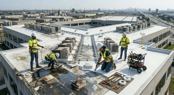 Commercial roof repair work on a flat roof in North Iowa
