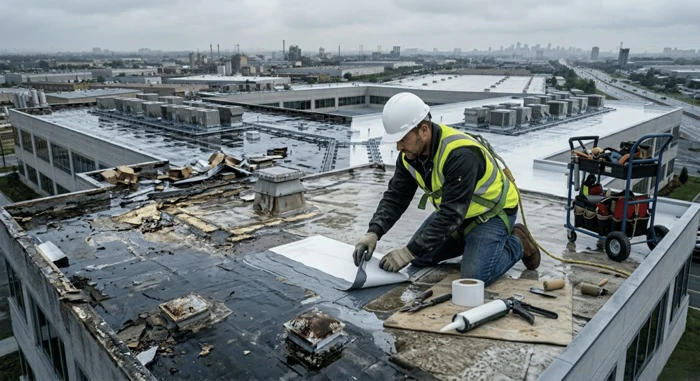 Commercial flat roof repair in Mason City Iowa
