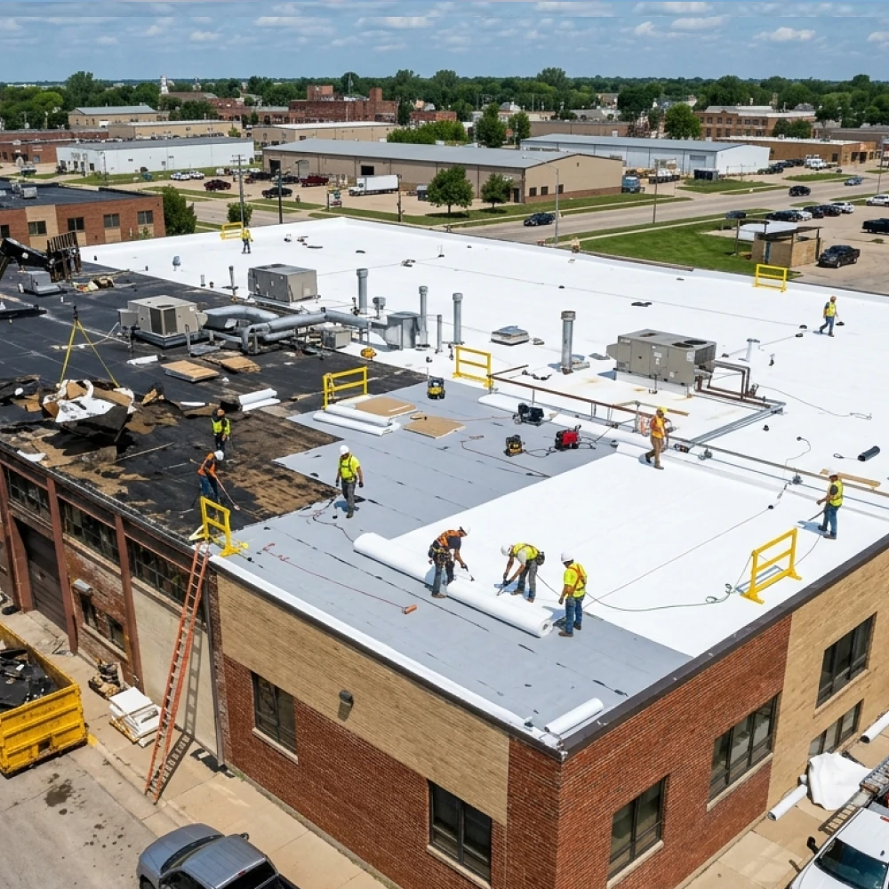 Flat roof replacement in progress on Mason City commercial building