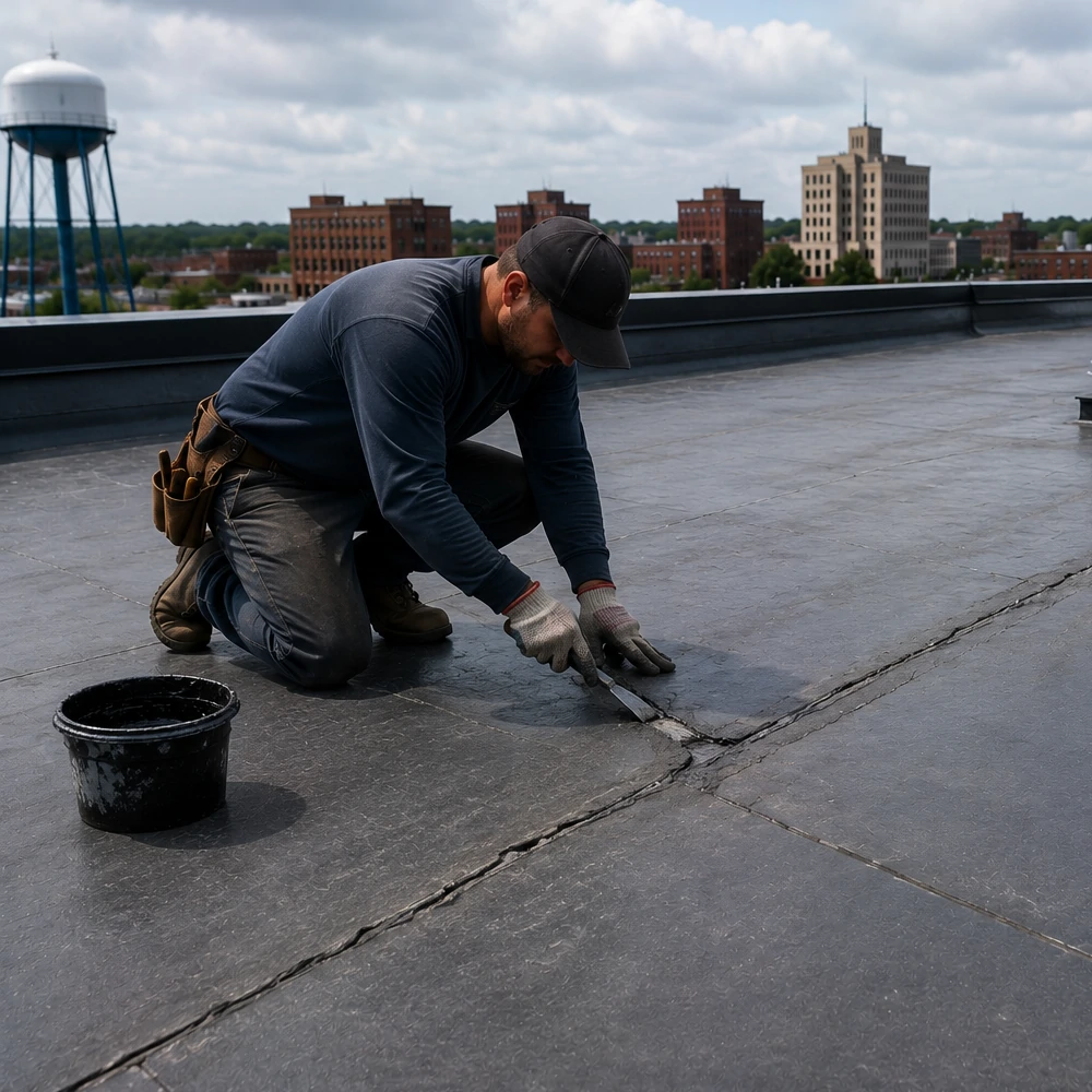 Flat roof seam repair before waterproofing in Mason City Iowa