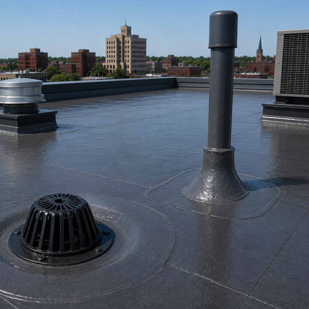 Drain and penetration waterproofing detail on Mason City Iowa flat roof