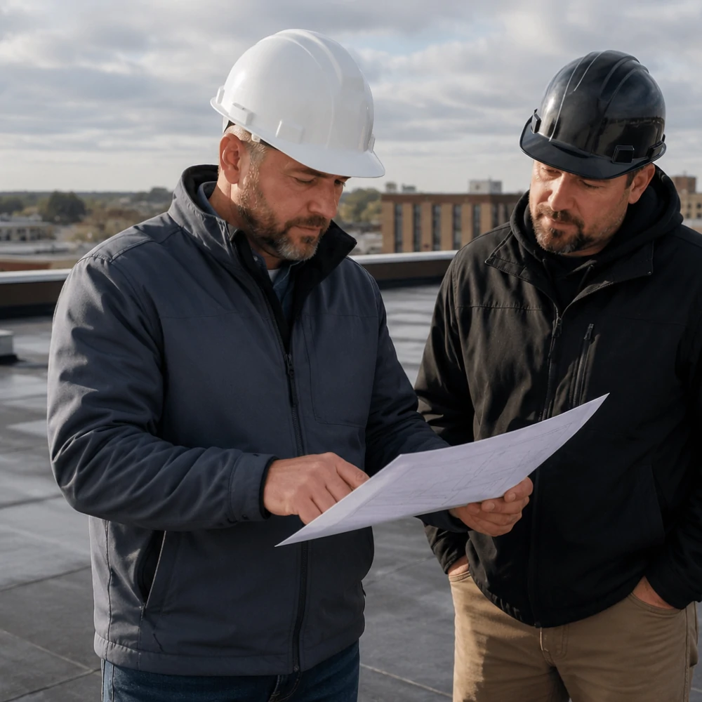Written roof estimate being reviewed by Mason City Iowa commercial