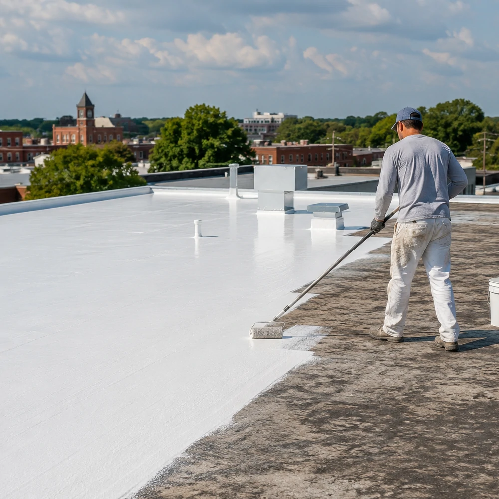 Contractor applying silicone roof coating on Mason City Iowa commercial building