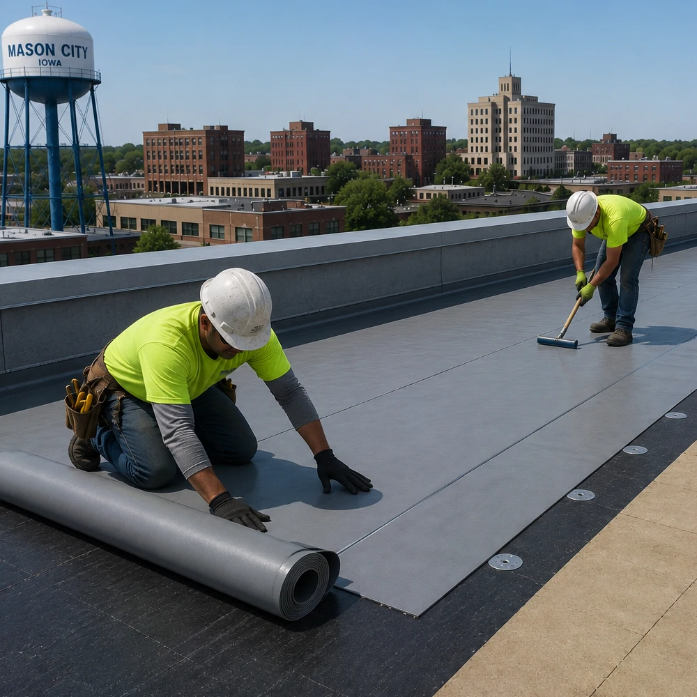 Traffic-bearing membrane being installed on Mason City Iowa roof deck