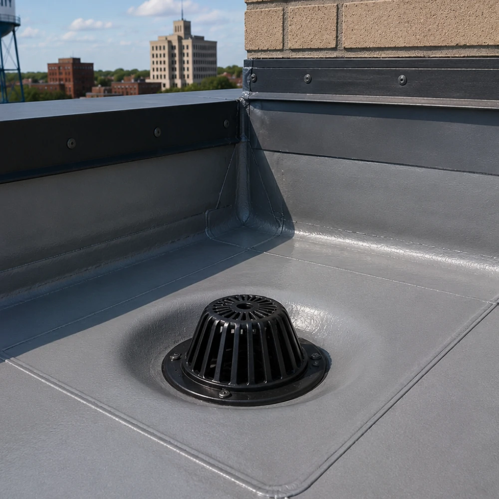 Roof deck drain and transition flashing detail in Mason City Iowa