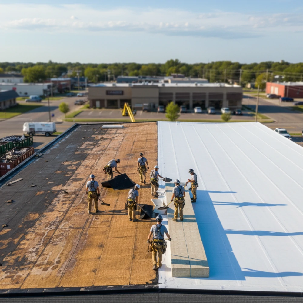 Hail damaged commercial roof membrane in Mason City Iowa