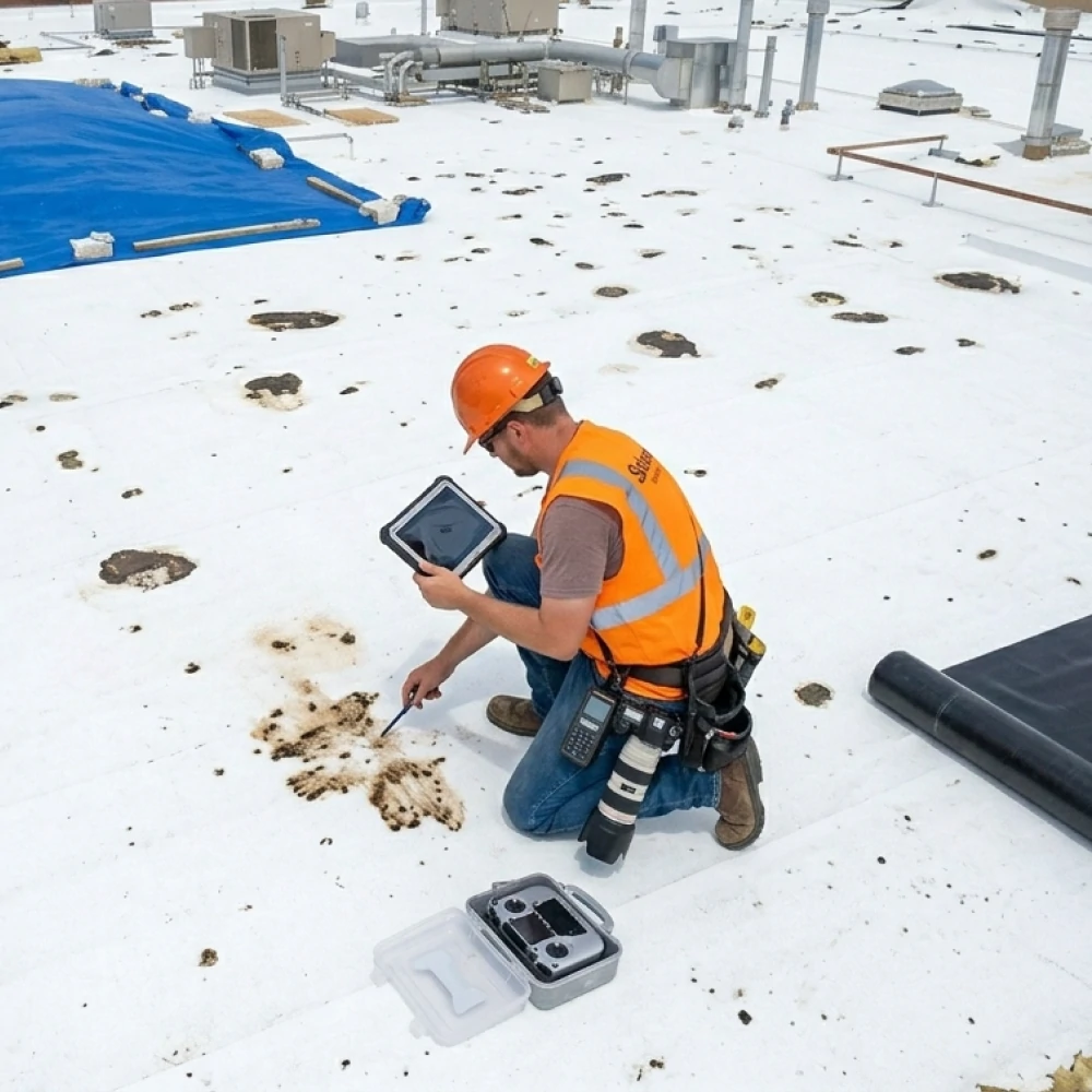 Roofer documenting storm damage in Mason City Iowa
