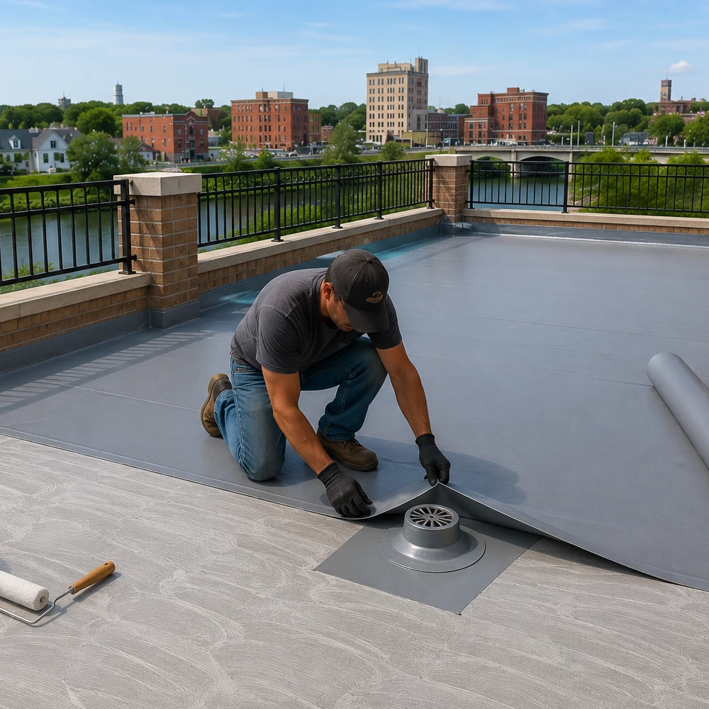 Traffic-bearing membrane installation on Mason City Iowa terrace