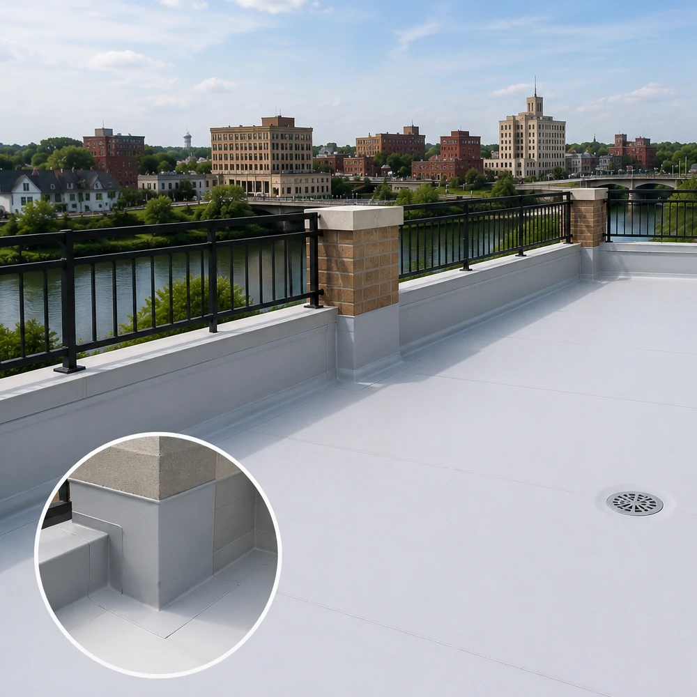 Parapet and drain detail on waterproofed terrace in Mason City Iowa