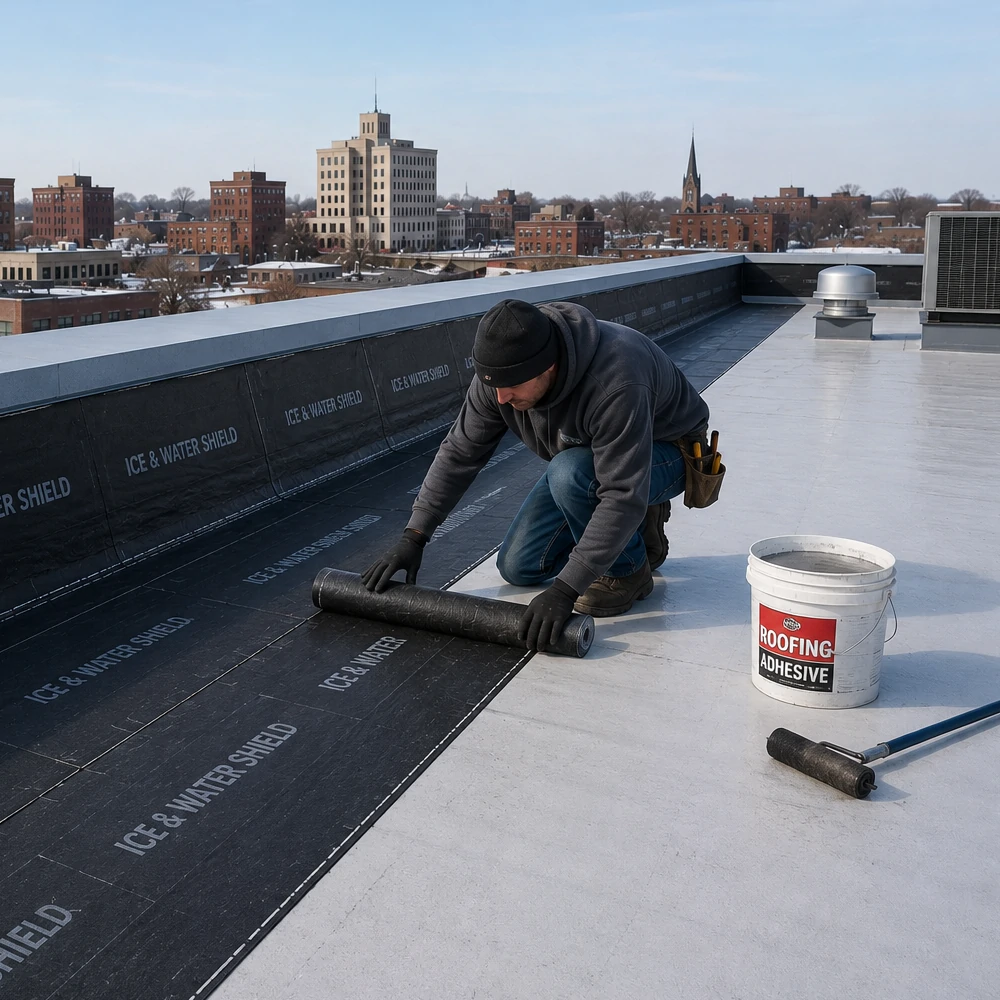 Waterproofing membrane installation at roof penetrations in Mason City Iowa