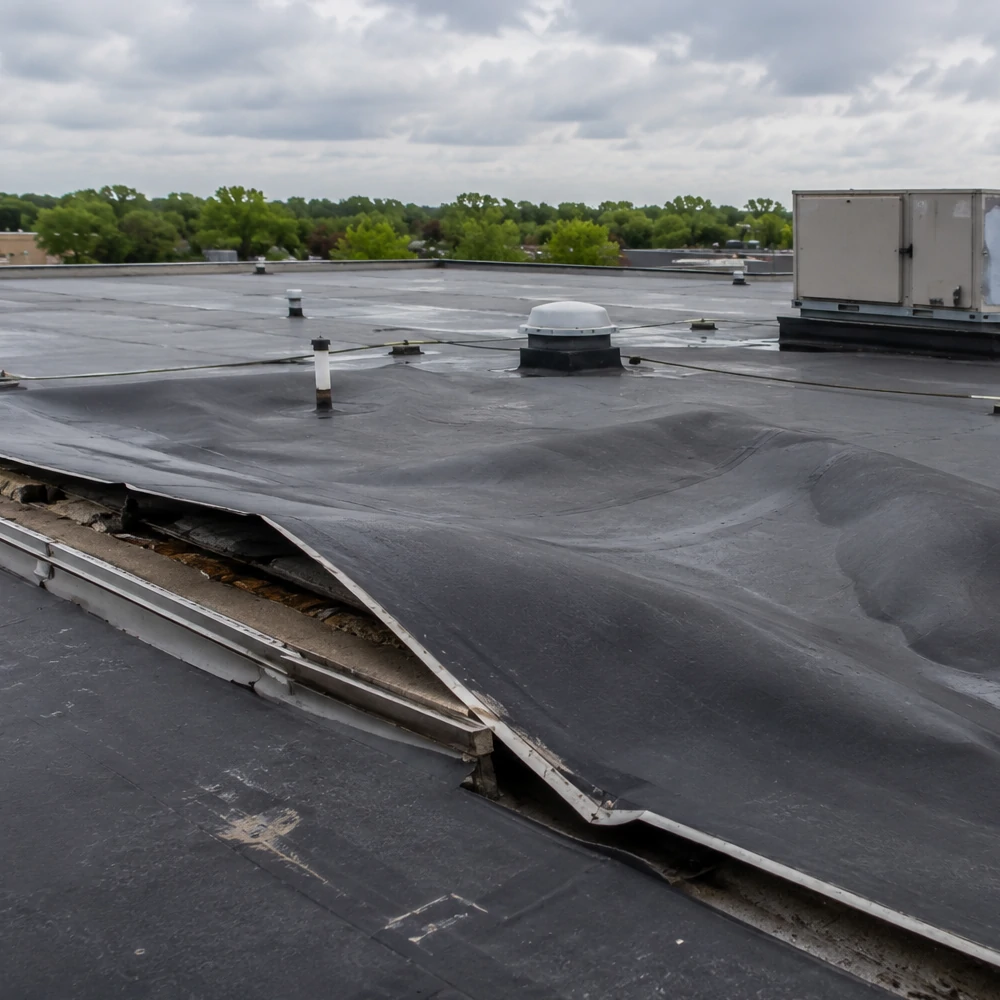 Storm damaged commercial membrane being replaced in Mason City Iowa
