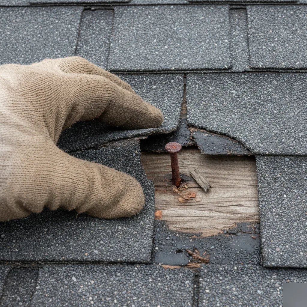 Curling shingles and moisture damage on a roof deck in Iowa