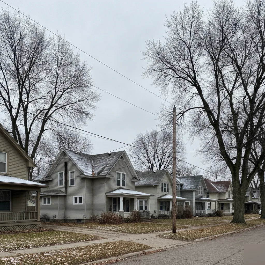 North Iowa winter rooflines on aging homes in Mason City