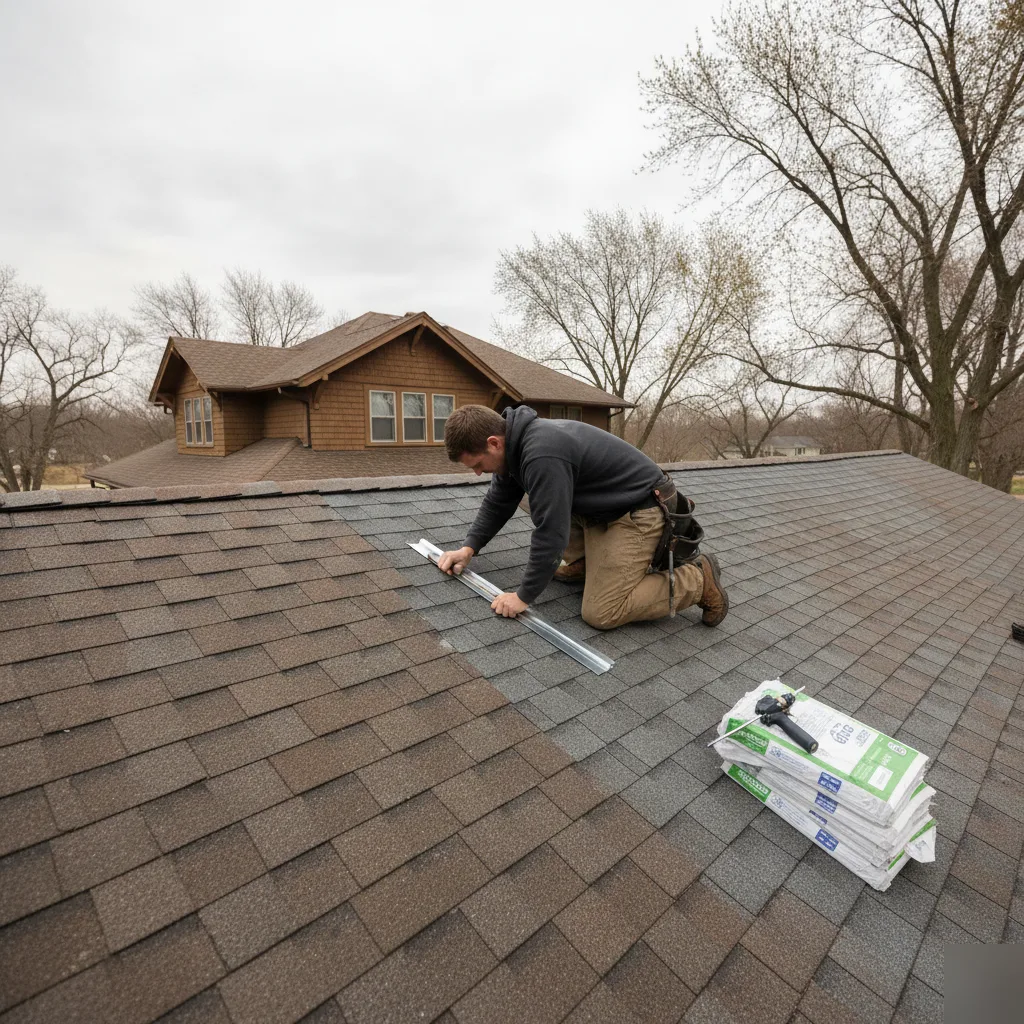 Roof flashing repair at a valley joint in Mason City, Iowa