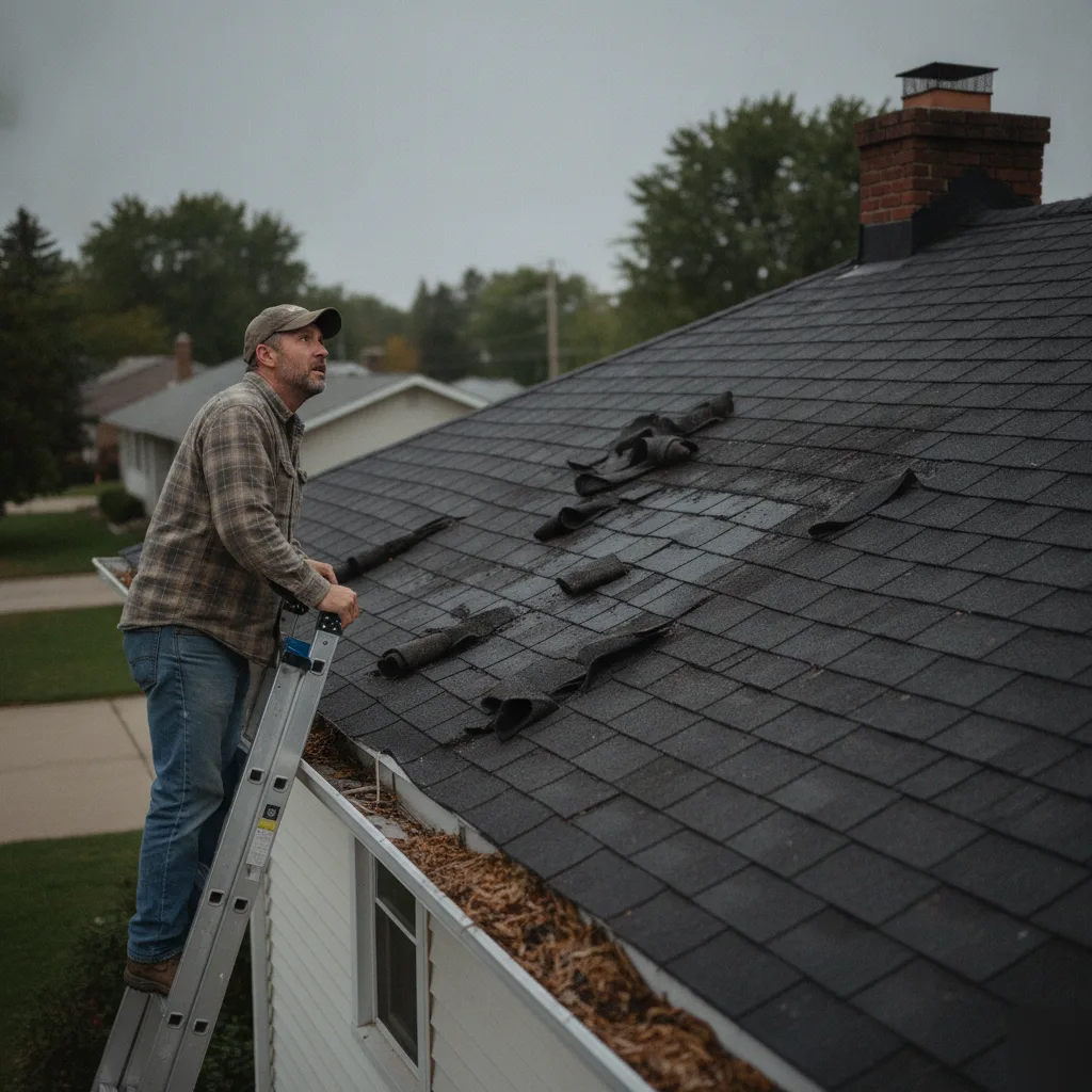 Roof leak inspection on damaged shingles in Mason City, Iowa