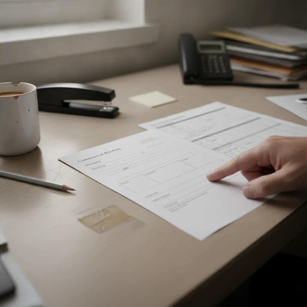 Itemized commercial roof replacement invoice and depreciation schedule for Iowa tax filing
