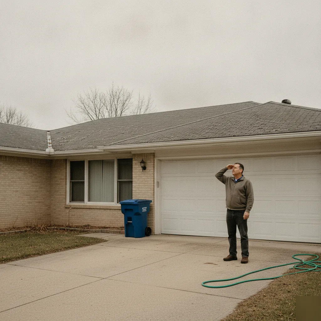 Homeowner reviewing a free roof inspection report with a Mason City roofer