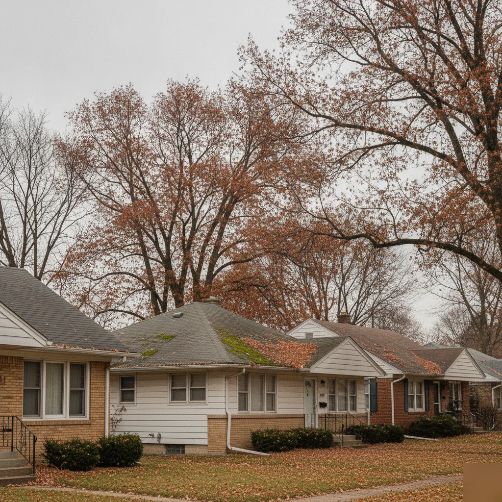 Mason City neighborhood rooftops in autumn, the seasonal context for roof inspections
