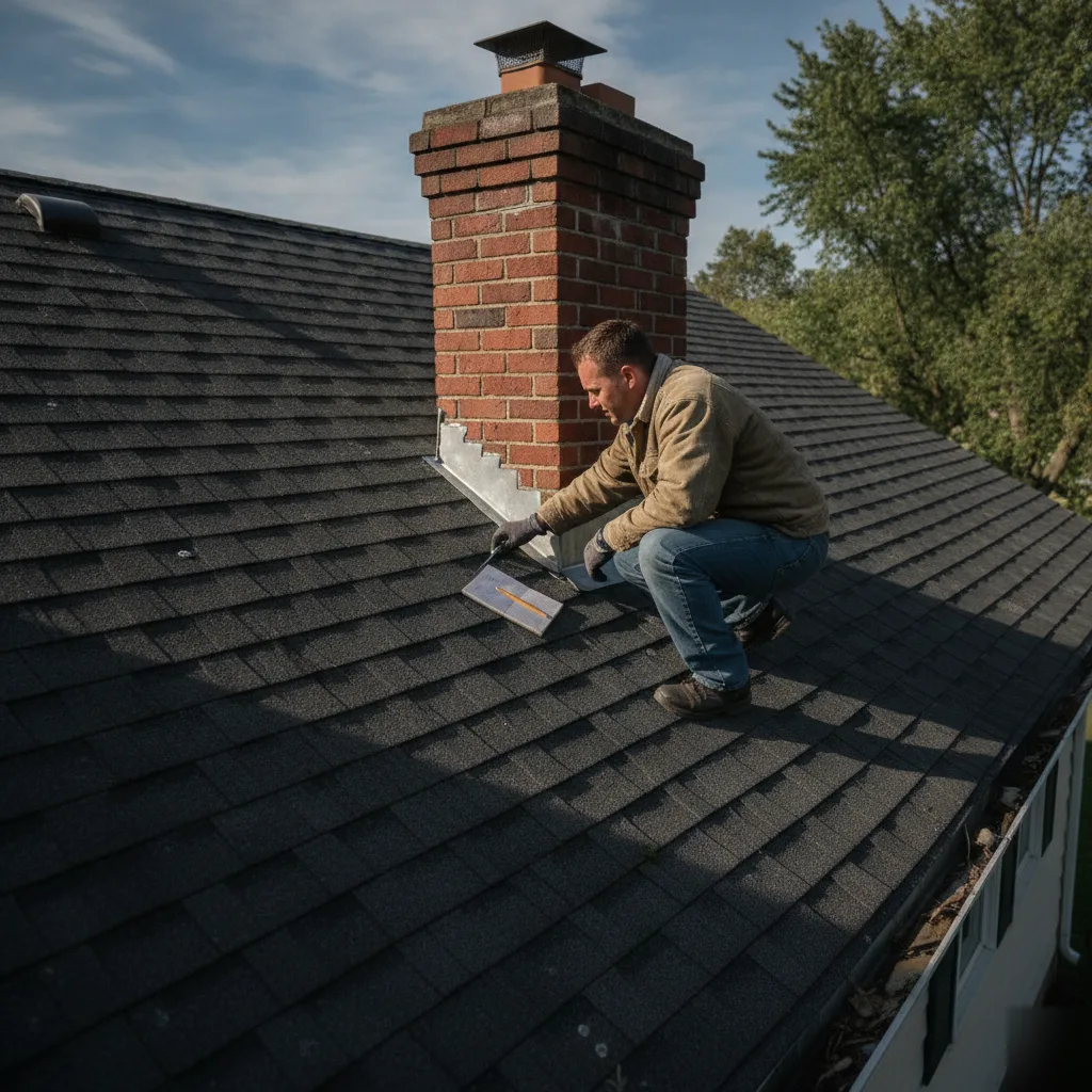 No-obligation roof inspection checking chimney flashing on a Mason City home