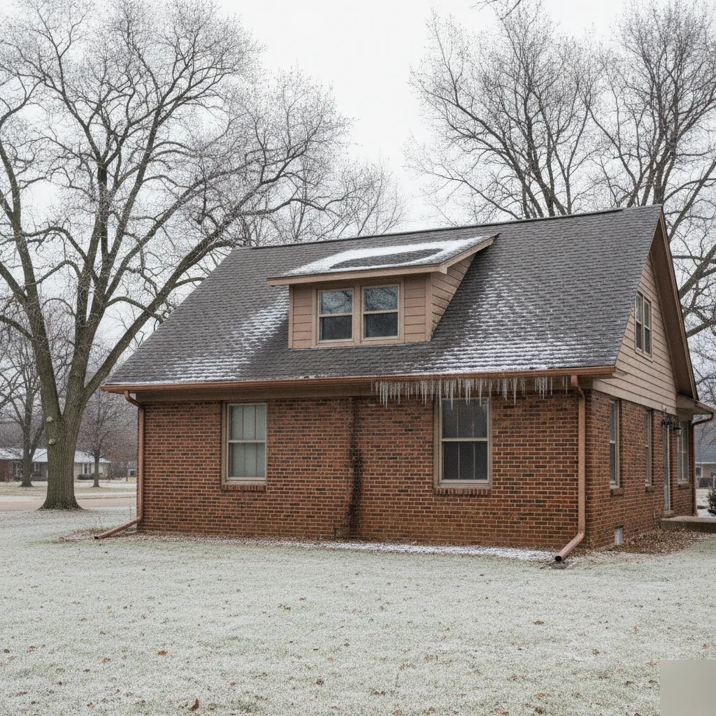 Ice dam on a Mason City, Iowa roof in winter, a common cause of roof leaks