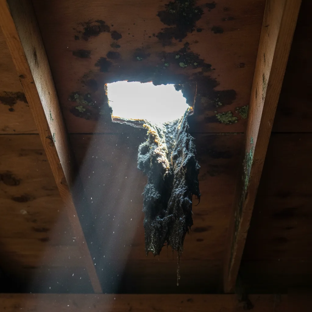 Attic roof decking damage, mold, and water staining from an untreated roof leak