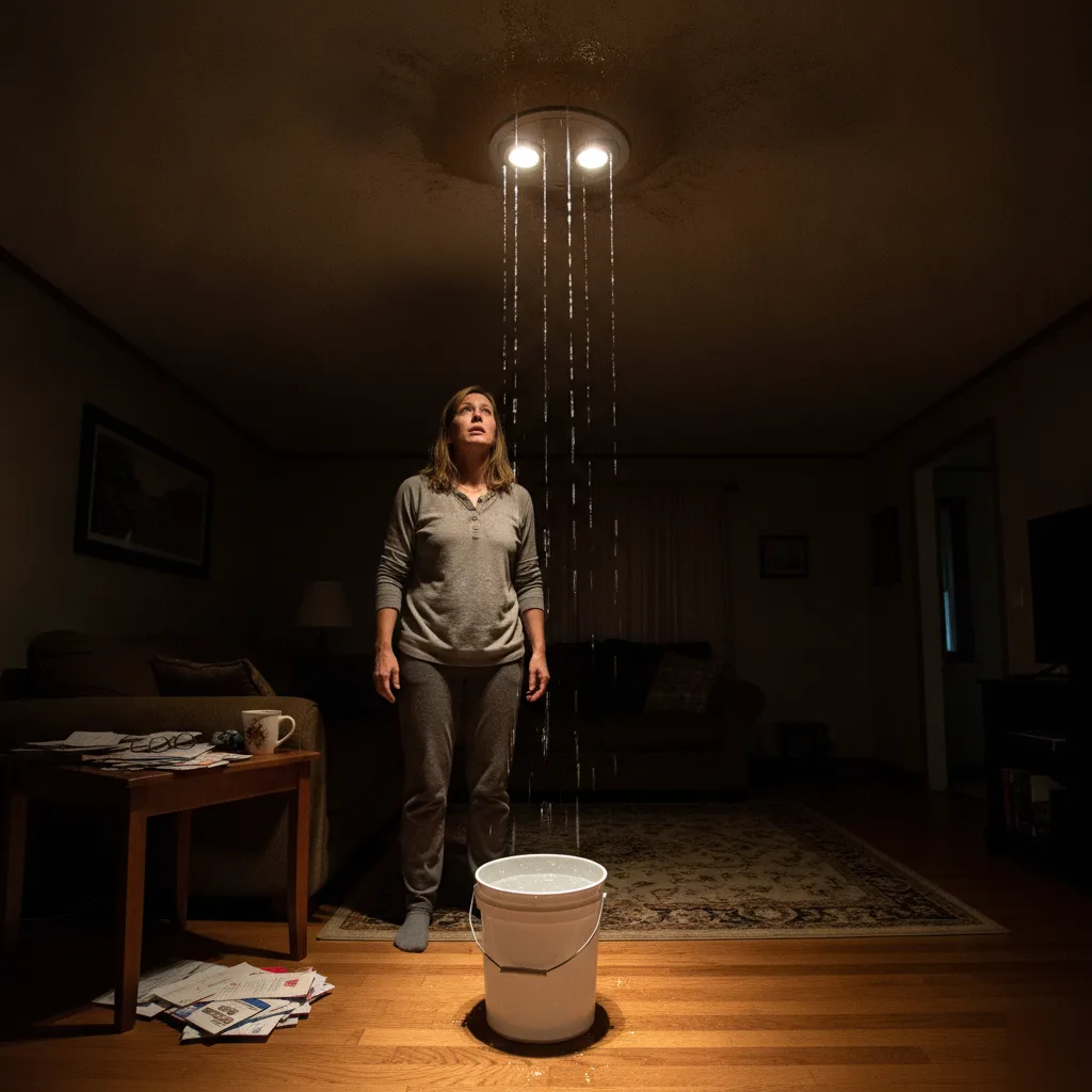 Active roof leak dripping from a ceiling during an emergency in Mason City, Iowa