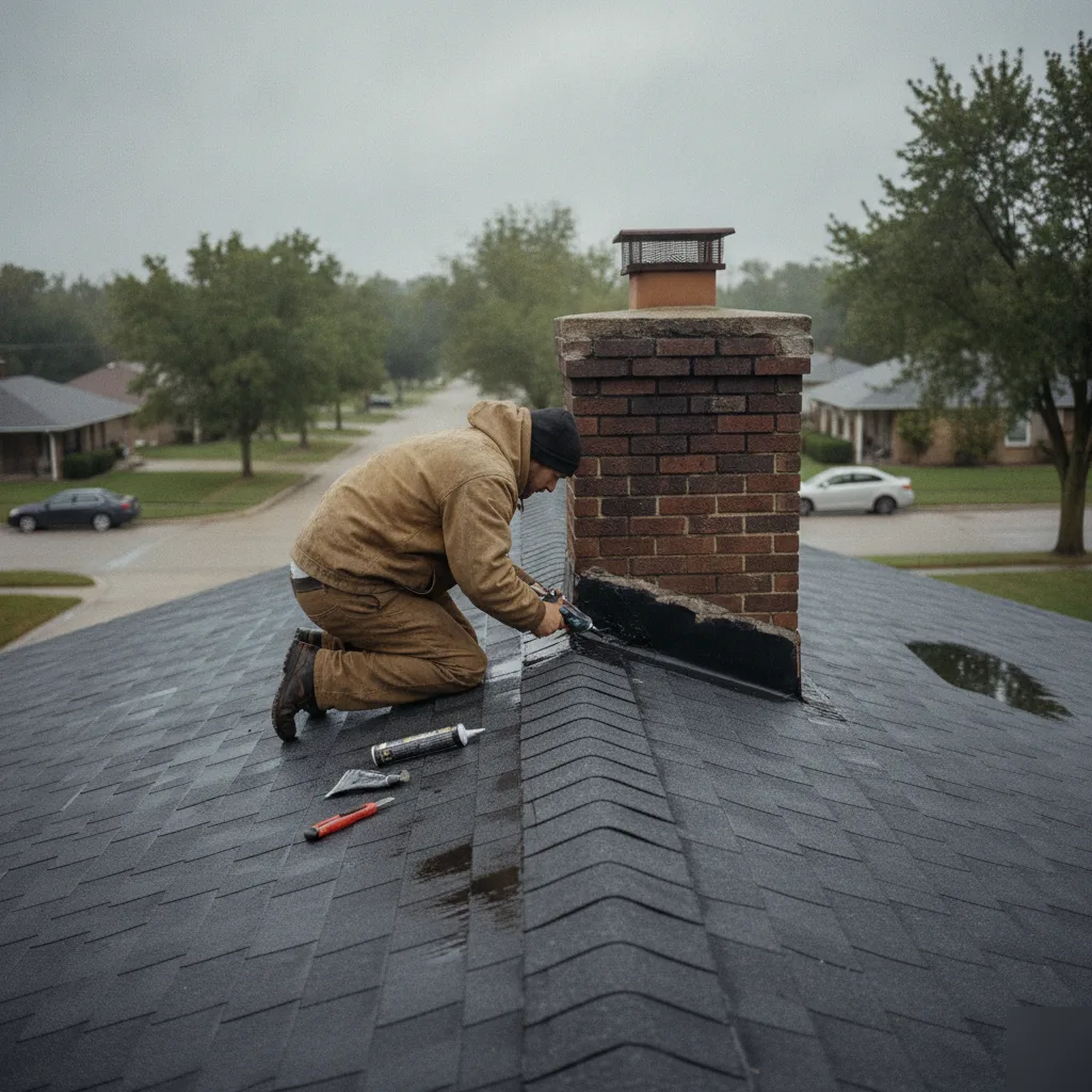 Roof flashing repair around a chimney in Mason City, Iowa to stop a leak