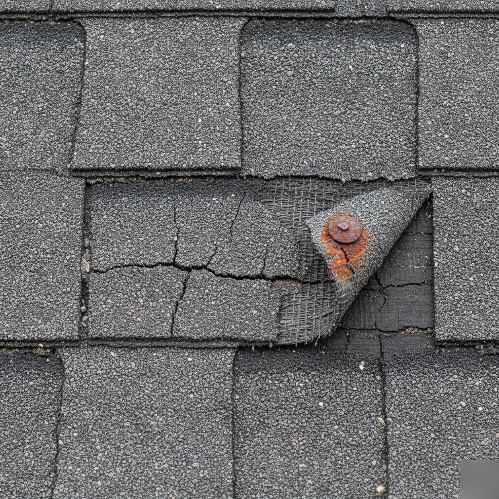 Close-up of cracked shingles and granule loss showing roof age damage