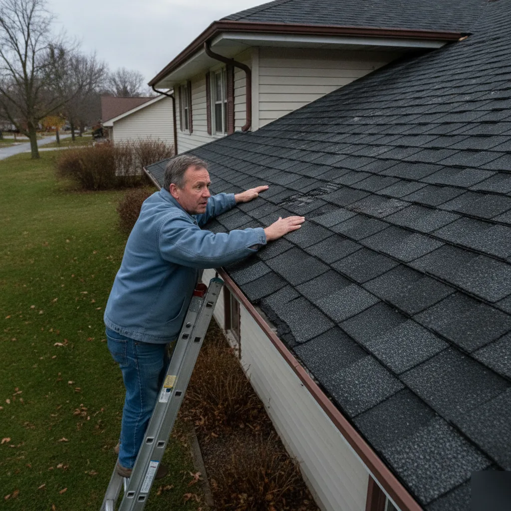Homeowner inspecting aging asphalt shingles on a Mason City home