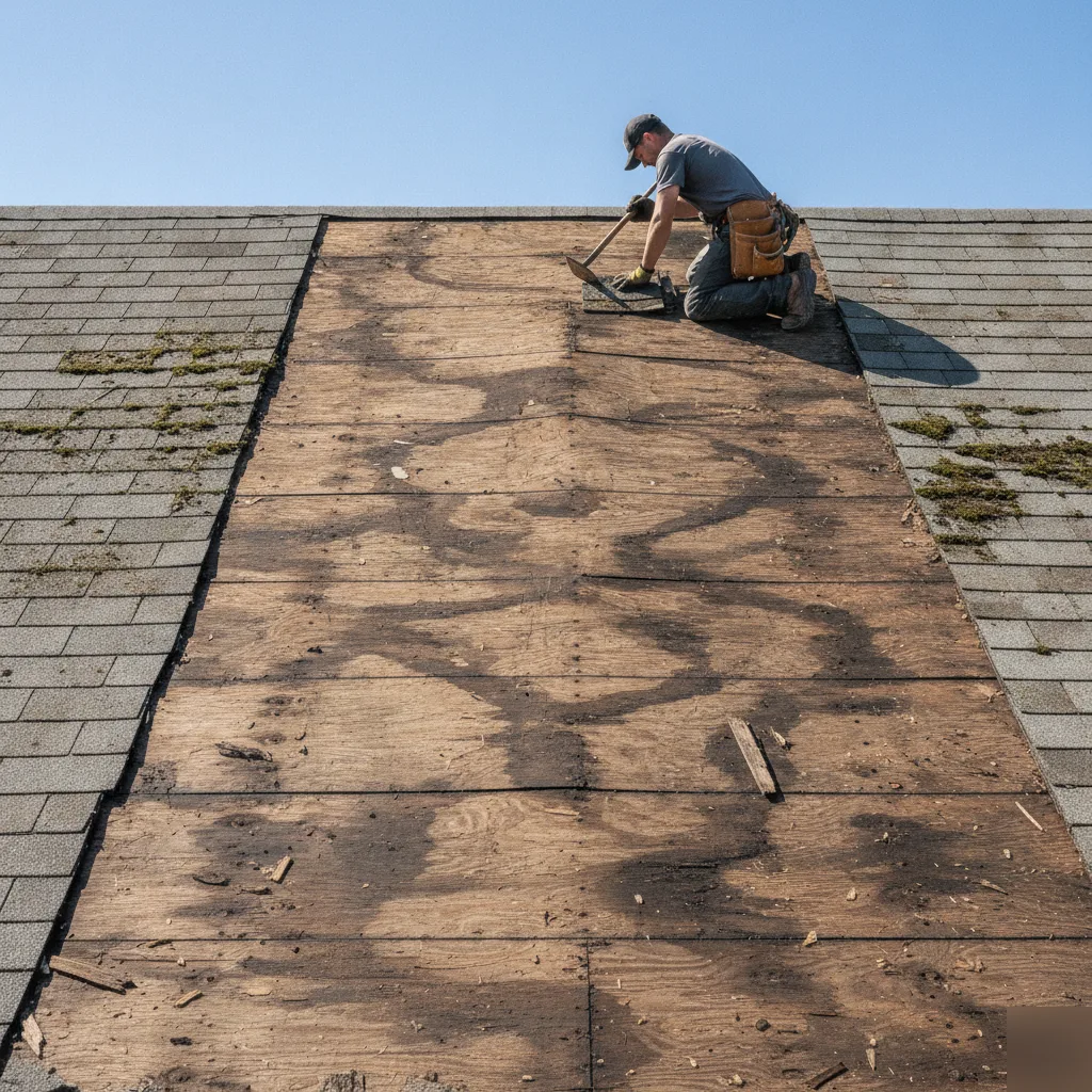 Roof tear-off revealing warped decking during a replacement in Mason City