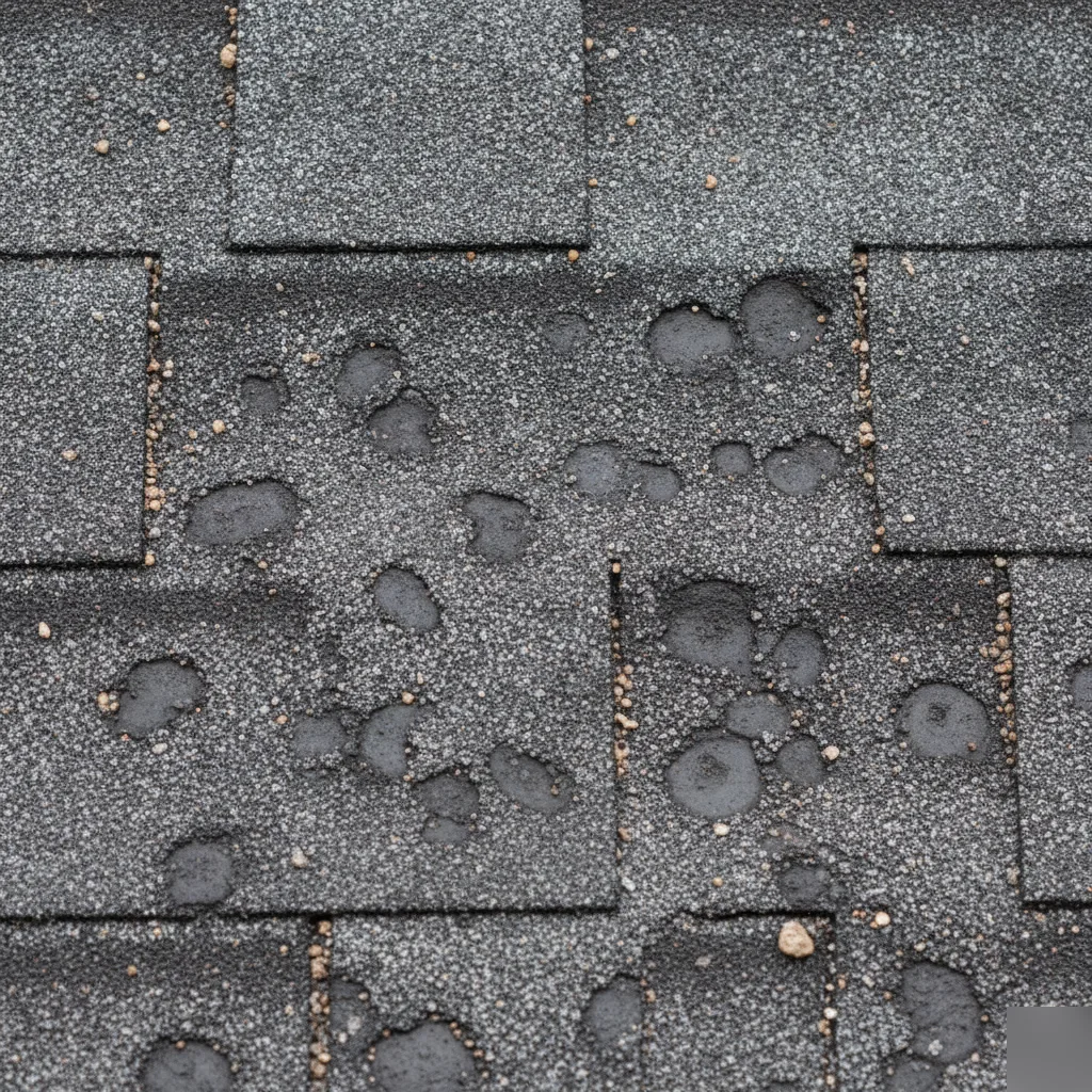 Close-up of hail damage and granule loss on an asphalt shingle roof