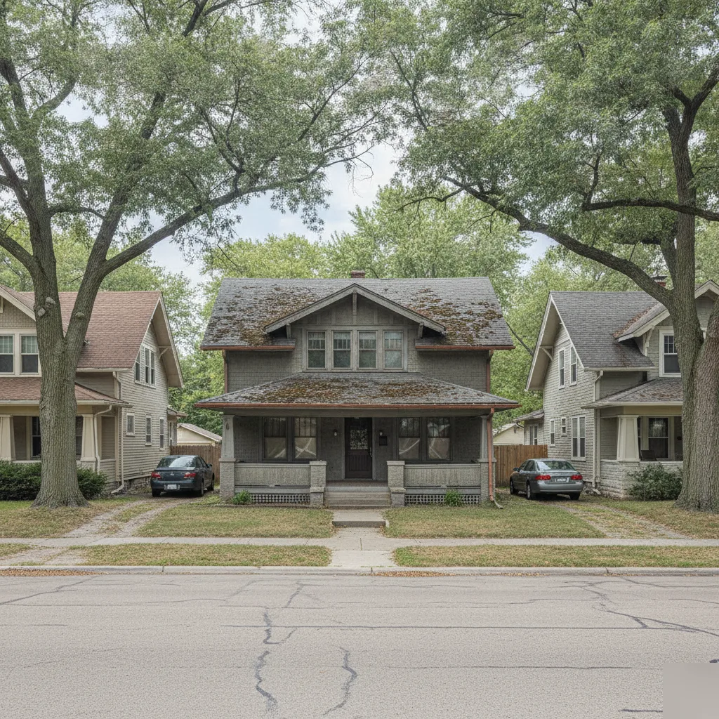 Older home with an aging roof in a Mason City neighborhood, at higher risk after hail