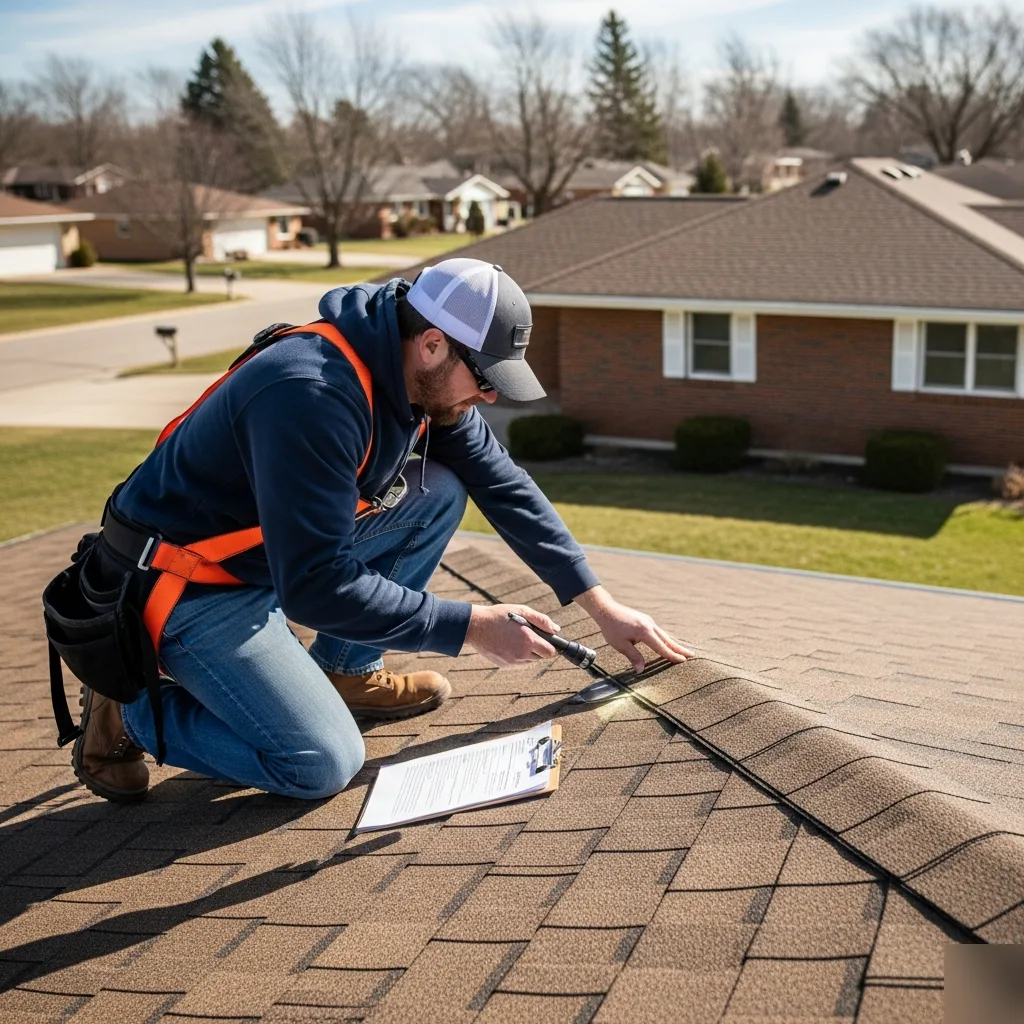 Roof inspector examining shingles for hail damage in Mason City