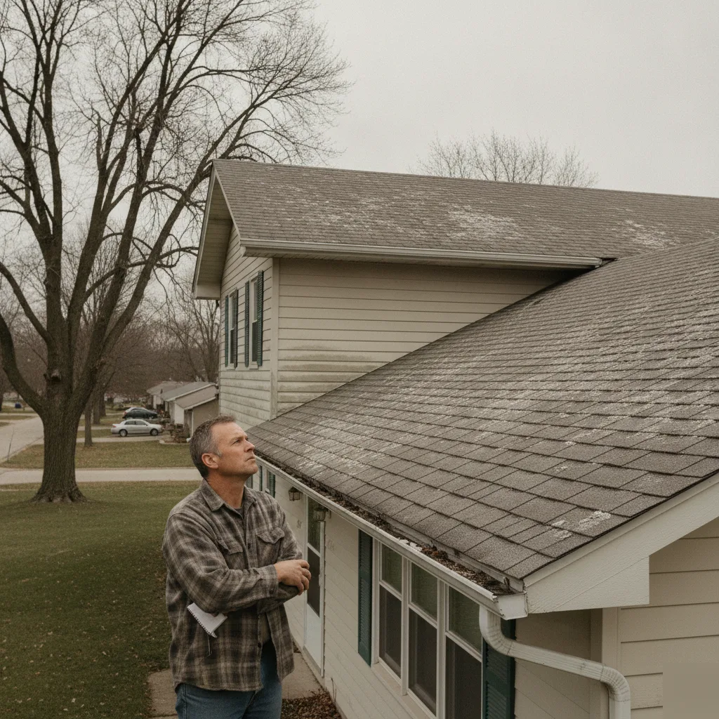 Homeowner inspecting an aging asphalt roof in Mason City