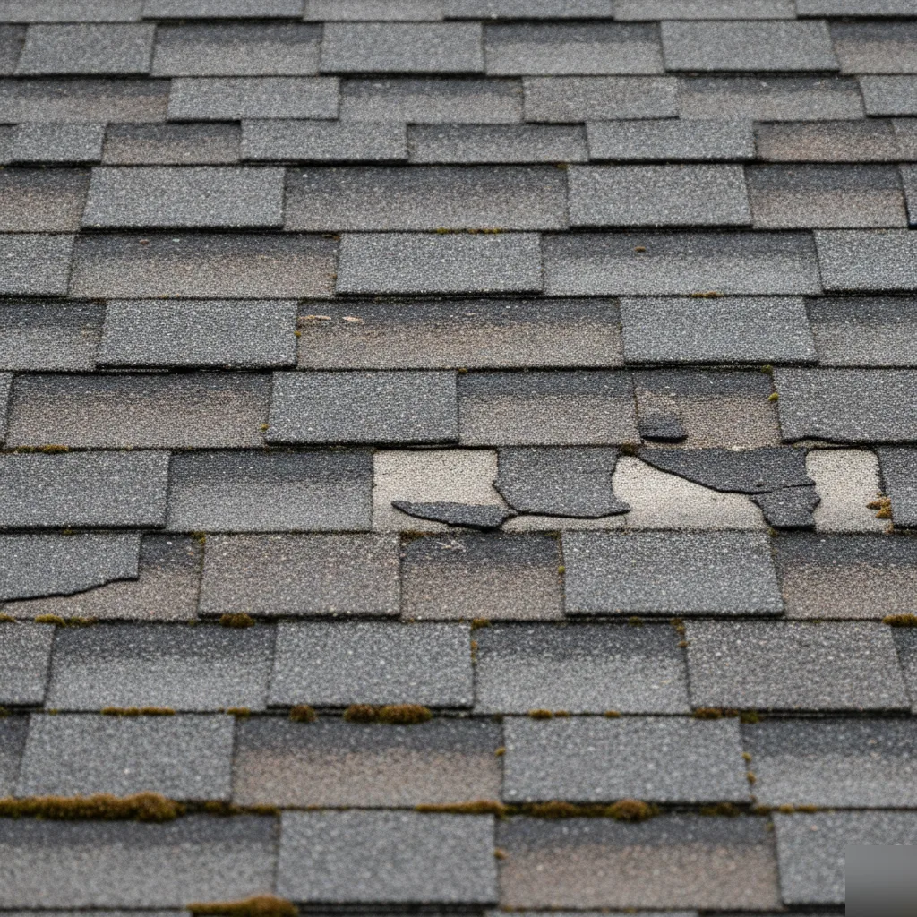 Close-up of end-of-life shingle damage with cracking and granule loss